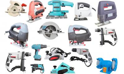 Multiple different electrical tools with white background